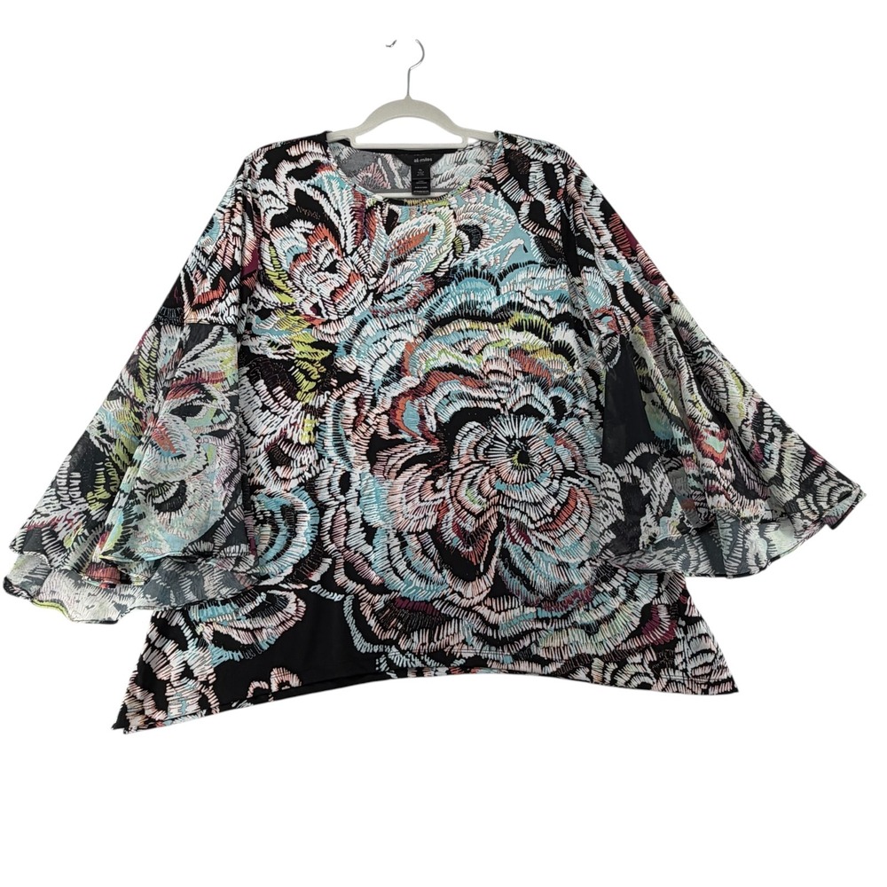 Ali Miles Tunic Floral Bell Sleeve Blouse Womens Petite Large PL Boho Whimsy